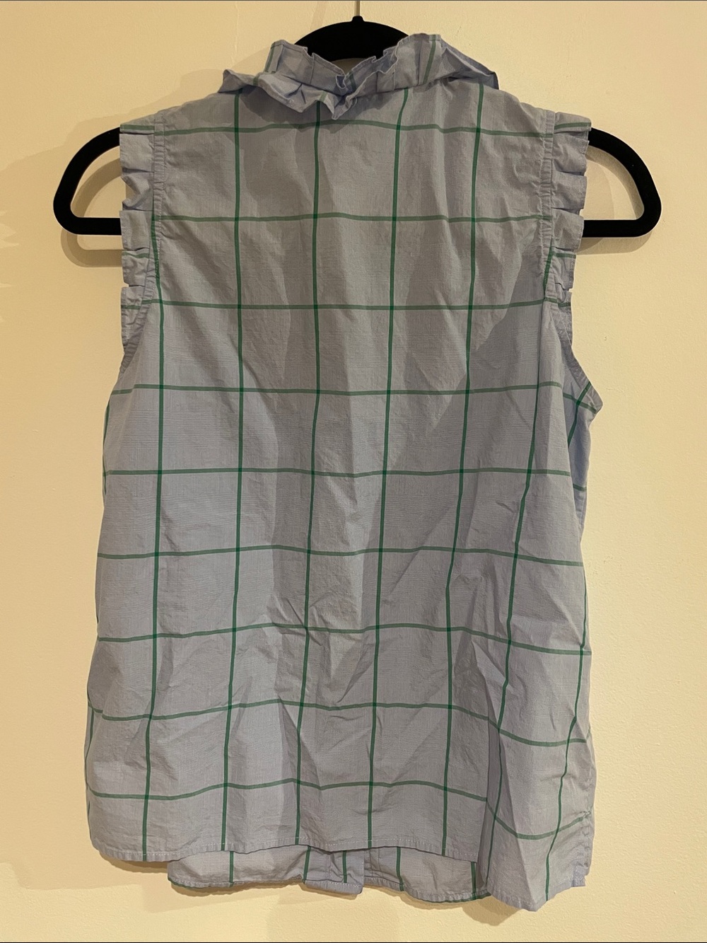 J. Crew Light Blue Sleeveless Windowpane Ruffle Collar Blouse - Picture 2 of 4